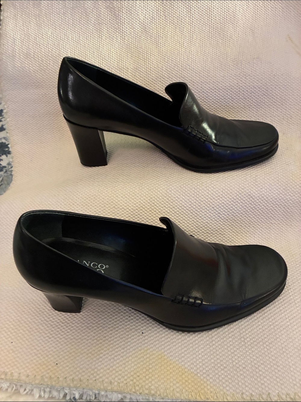 Franco Sarto Nolan Black Leather Block Heel Loafer slip on design,square toe